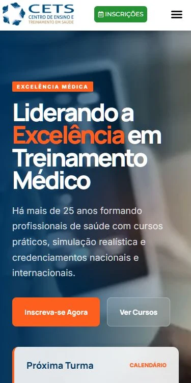 Site do CETS no celular, com cursos e inscrições para profissionais da saúde