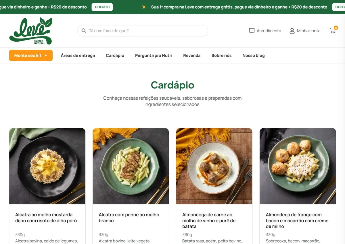 Cardápio da Leve Delivery no computador, com fotos das refeições