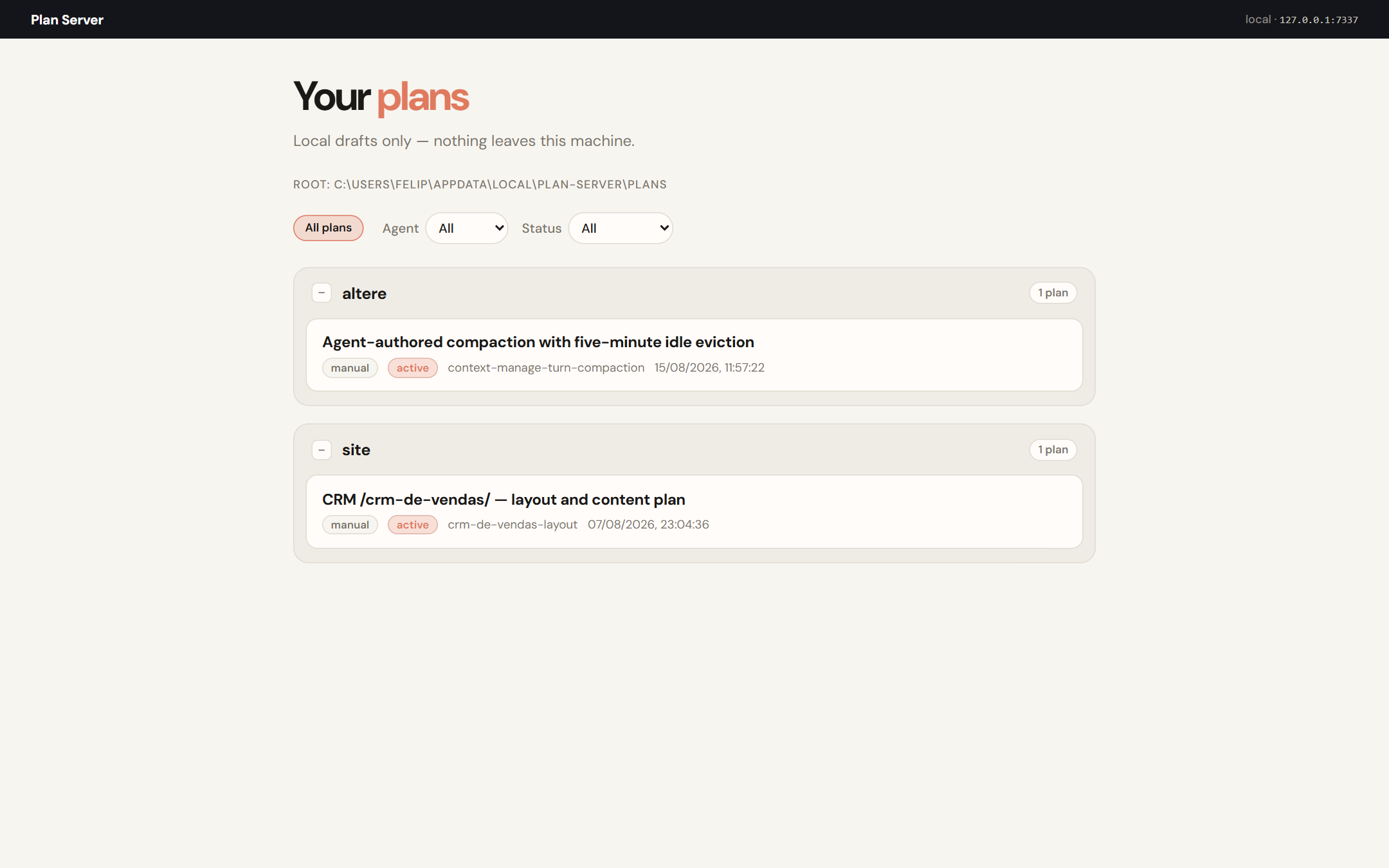 Tela do Plan Server